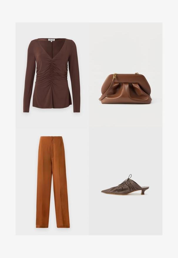 Haut marron à manches longues avec col en V et détails froncés au centre, en tissu doux, étiqueté "Baum und Pferdgarten".; Pantalons à jambes larges d'une couleur brun chaud, avec une texture lisse, une taille haute et des coutures blanches contrastantes le long des coutures.; Mule en cuir marron avec un bout pointu, texture froncée, petit talon et un accent de cordon de serrage à l'ouverture. Fini lisse.; Pochette en cuir marron avec design froncé, quincaillerie dorée et bracelet amovible, sur fond blanc.