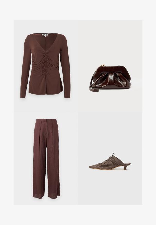 Haut marron à manches longues avec col en V et détails froncés au centre, en tissu doux, étiqueté "Baum und Pferdgarten".; Pantalon large taille haute marron foncé avec plis sur le devant et taille structurée, fabriqué en tissu léger.; Mule en cuir marron avec un bout pointu, texture froncée, petit talon et un accent de cordon de serrage à l'ouverture. Fini lisse.; Pochette en cuir brillant marron foncé avec un design plissé et une fine lanière pour poignet sur fond blanc.