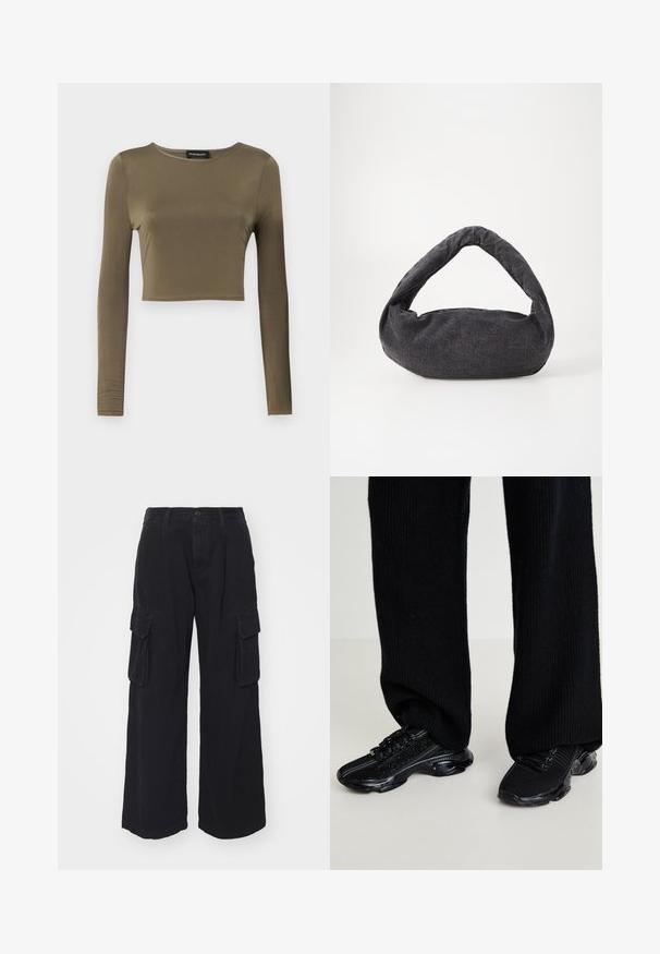 Haut court à manches longues olive en tissu lisse et extensible ; présente un col rond et une coupe ajustée avec des bords finis.; Pantalons cargo noirs fabriqués dans un tissu durable, dotés de jambes larges, de multiples poches latérales et d'une fermeture à bouton classique à la taille.; Baskets noires avec une tige en tricot texturé, forme élégante et semelle noire brillante, présentant des accents réfléchissants subtils et un système de laçage.; Sac en tissu gris foncé avec une anse courbée, texture douce et forme arrondie. Pas de matériel ou d'embellissements visibles.