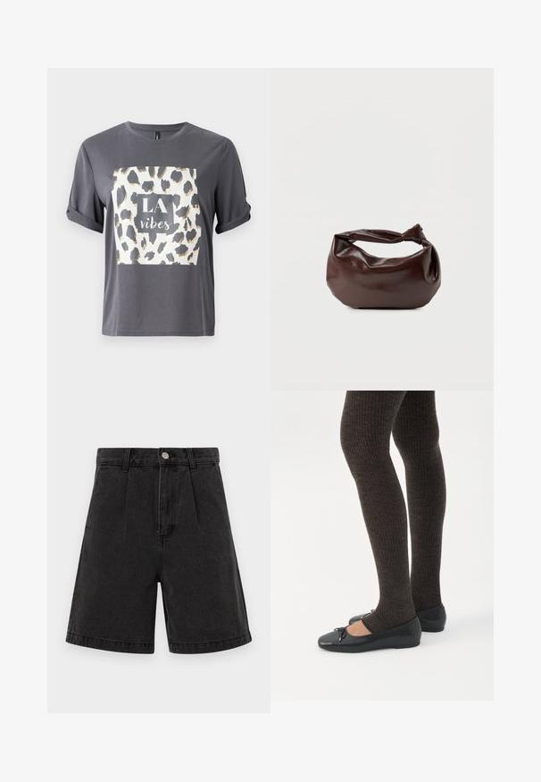 Grijze t-shirt met een luipaardprint in goud en zwart, met de tekst "LA vibes" in een centraal vierkant op de voorkant. Korte mouwen.; Zwarte denim shorts met een hoge taille, geplooide voorkant en omgeslagen zoom. Voorzien van een metalen knoop en rits sluiting. Egaal textuur.; Benen met donkere geribbelde leggings gecombineerd met zwarte ballerina's met kleine strikdetails op een witte achtergrond.; Donkerbruine leren schoudertas met een zachte, slungelige vorm en een gedraaide knoopvormige handgreep op een effen witte achtergrond.