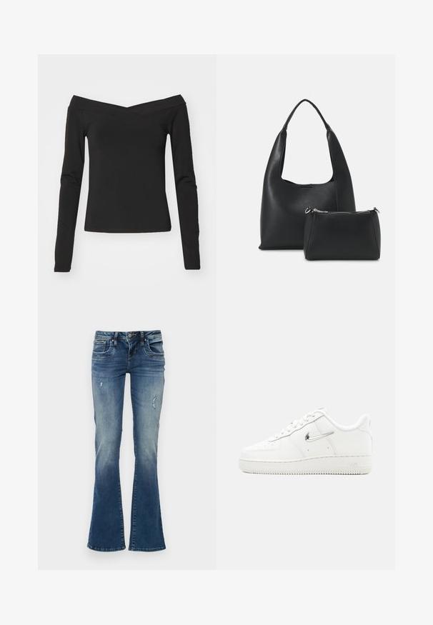 Sort langærmet top med off-the-shoulder design, V-hals, tætsiddende pasform og glat stof. Enkel og ensfarvet uden mønstre.; Denim jeans med flair i mellemblå med udskudte områder og slidte detaljer. Har fem lommer og lynlås med knaplukning.; Hvid Nike Air Force 1 sneaker med metallisk sølv swoosh-logo, snørelukning foran, gennemhullet tå og tekstureret gummisål.; Even&Odd Håndtasker - black