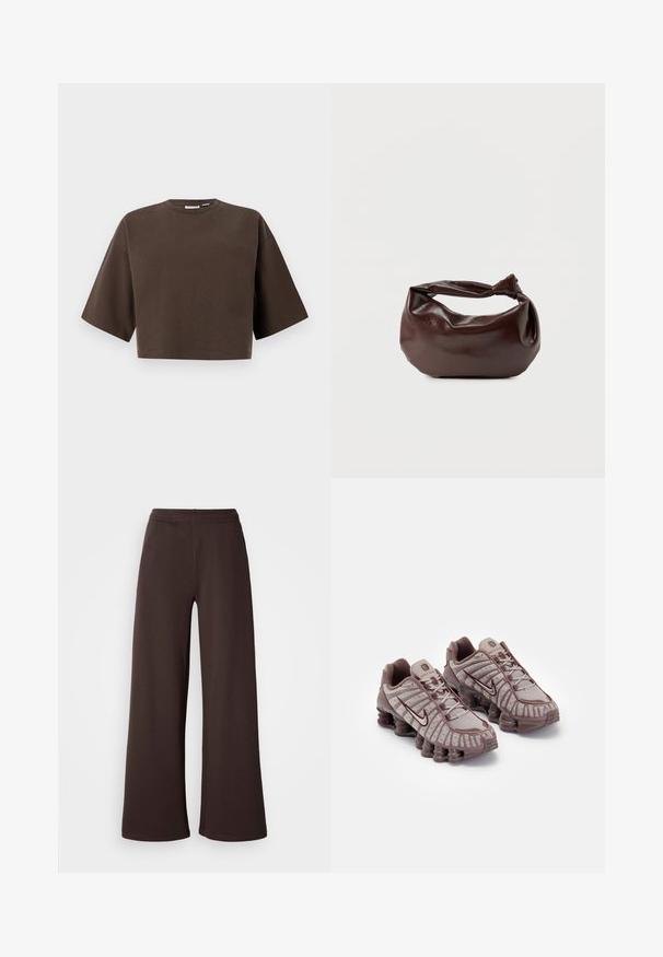 Kortærmet cropped mørkebrun sweatshirt med rund hals og løs pasform, vist mod en ensfarvet lys baggrund.; Viddebukser i mørkebrun, lavet af blødt stof med elastisk talje og en ren kantfinish, ideelle til komfort og afslappet brug.; Nike Sportswear SHOX TL - Sneakers - pumice/night maroon/plum eclipse; Mørkebrun læder skuldertaske med en blød, afslappet form og et snoet knudehåndtag på en ensartet hvid baggrund.