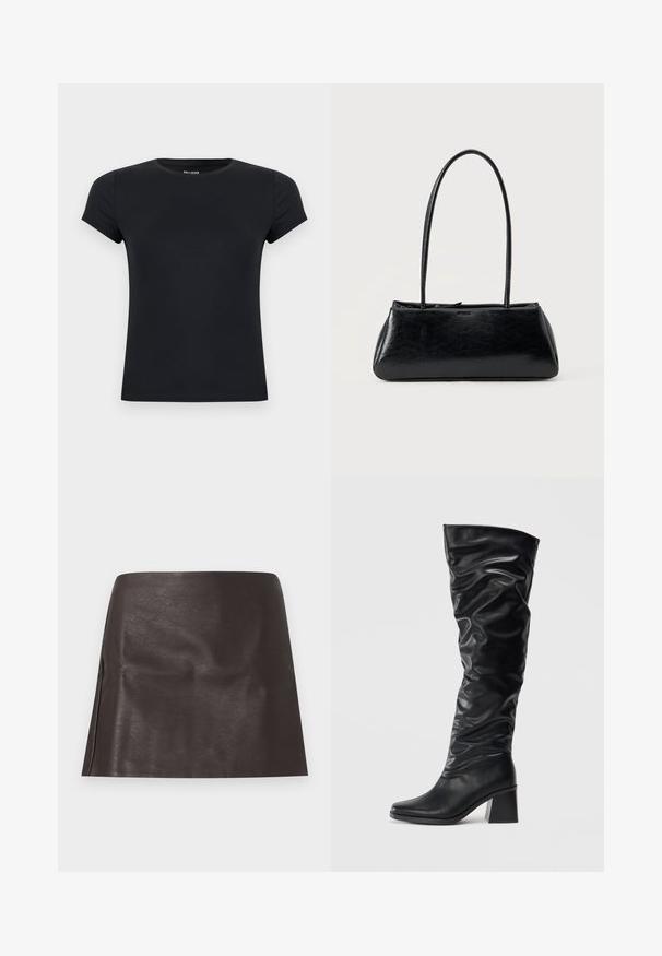 T-shirt noir uni à manches courtes, col rond, ajusté, avec une étiquette de marque discrète à l'intérieur du col sur fond blanc.; Jupe mini courte en similicuir marron foncé avec une coupe droite et des plis subtils, présentée sur un fond blanc uni.; Bottes noires montantes en cuir brillant avec un design froncé, bout pointu et talon block chunky. Texture lisse avec un léger éclat.; Sac à épaule rectangulaire noir avec de longues bretelles fines et une texture lisse et brillante sur un fond uni.