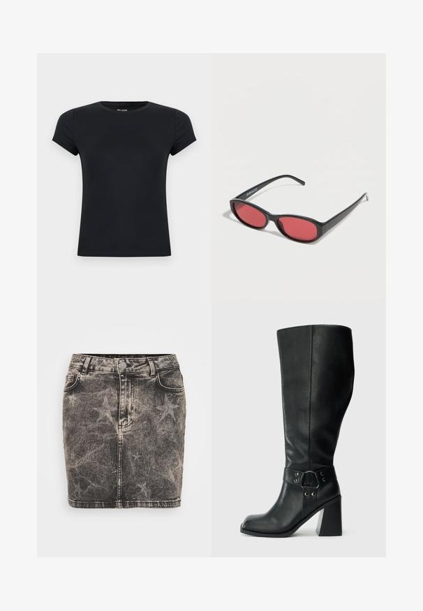 Camiseta ajustada de manga corta y cuello redondo en negro liso, con una etiqueta de marca sutil en el interior del cuello, sobre un fondo blanco.; Minifalda de mezclilla en negro con un patrón de estrellas desvanecido. Presenta una cintura alta, cinco bolsillos y costuras en contraste. Cierre clásico de botón.; Botas de cuero negro hasta la rodilla con puntera cuadrada, tacón ancho y una correa decorativa con acentos metálicos alrededor del tobillo. Textura suave.; Gafas de sol ovaladas negras con varillas delgadas y lentes tintados de rojo descansando sobre una superficie blanca.