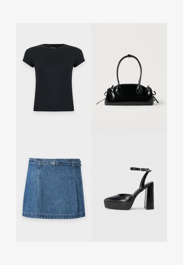 T-shirt noir uni à manches courtes, col rond, ajusté, avec une étiquette de marque discrète à l'intérieur du col sur fond blanc.; Mini-jupe en denim bleu avec ourlet cousu et fine ceinture assortie avec boucle argentée, posée à plat sur un fond clair.; Escarpins noirs à plateforme avec un bout pointu et une sangle réglable à la cheville. Conçus en cuir lisse, avec un large talon bloc.; Petit sac à main noir brillant avec deux longues anses et des détails à cordon sur les côtés sur un fond clair uni.