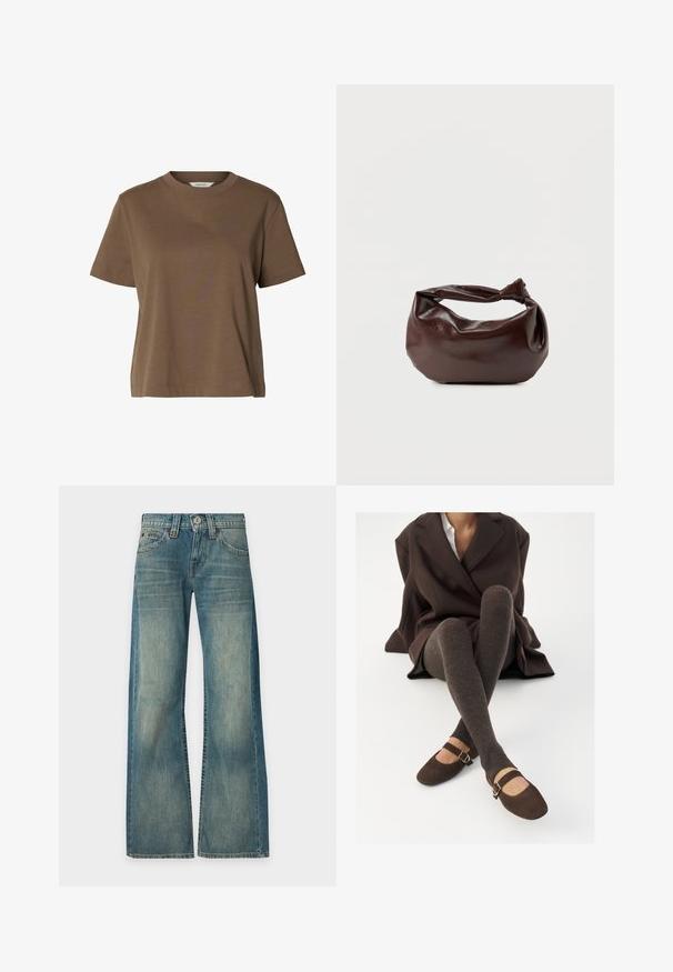 Brun t-shirt med korte ærmer og rund hals lavet af ensfarvet stof med en afslappet pasform og minimale syninger.; Blå denimjeans med falmet vask, høj talje, brede ben, frontknap og lynlås samt fem lommer, vist mod en ensfarvet baggrund.; Brune ribbede knæhøje sokker parret med brune ruskinds Mary Jane sko med en dekorativ rem og spænde, båret med en mørk frakke.; Mørkebrun læder skuldertaske med en blød, afslappet form og et snoet knudehåndtag på en ensartet hvid baggrund.