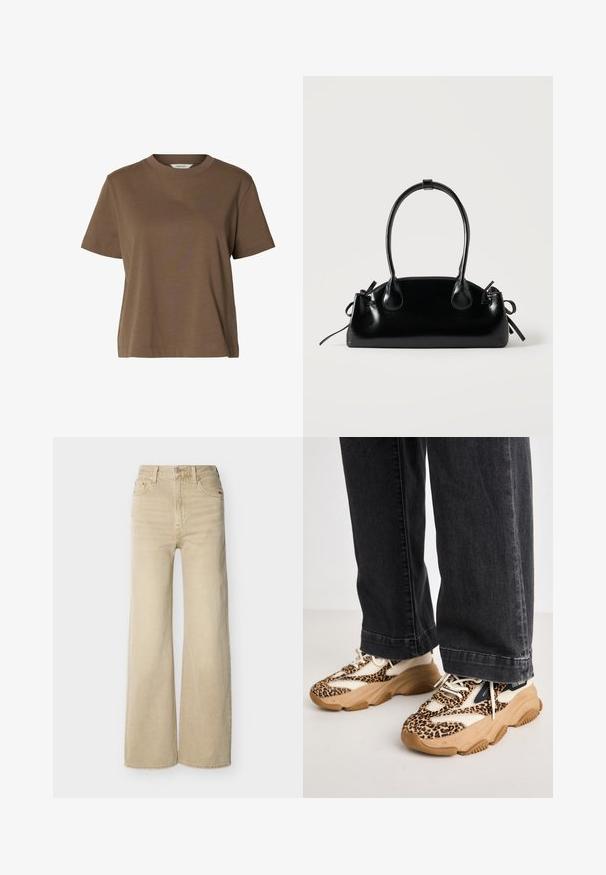 Brun t-shirt med korte ærmer og rund hals lavet af ensfarvet stof med en afslappet pasform og minimale syninger.; Beige højtaljede vide ben jeans med forreste knap og lynlås, for- og baglommer samt bæltestropper på en hvid baggrund.; Sneakers med leopardprint og mesh- og læderpaneler, tan-gummisål og kontrasterende sorte accenter. Båret med løstsiddende mørke jeans.; Lille sort blank håndtaske med to lange håndtag og snøre-detaljer i siden på en ensfarvet lys baggrund.