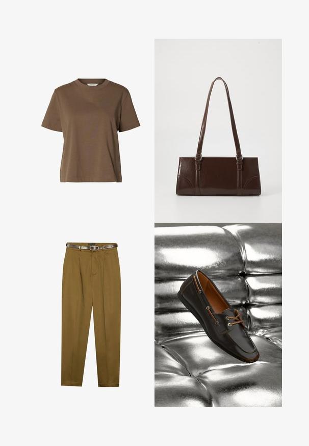 T-shirt marron à manches courtes et col rond, en tissu uni, coupe décontractée avec peu de coutures.; Pantalons marron ajustés avec une taille plissée et une ceinture bien ajustée. Ceinture en cuir brun foncé incluse, dotée d'une boucle ronde.; Mocassin en cuir marron avec des accents beiges et des œillets métalliques, présentant un bout rond et une texture lisse, sur un fond argenté brillant.; Sac à main en cuir verni marron de forme rectangulaire, avec deux longues poignées et des accents courbés subtils à l'avant.