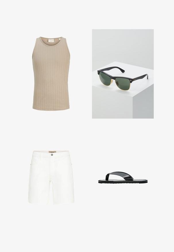 Beiger gerippter ärmelloser Tanktop mit rundem Ausschnitt, figurbetontem Stil und kleinem Markenlabel innen am Kragen.; Weiße Denim-Shorts mit einem klassischen Fünf-Taschen-Design, Metallknopfverschluss und kontrastierenden Stickdetails. Glatte Textur und gerader Schnitt.; Schwarze flache Flip-Flop Sandale mit breitem Zehenriemen und strukturierter Sohle, seitlich auf weißem Hintergrund dargestellt.; Ray-Ban Sonnenbrillen mit grünen Gläsern, schwarzen Kunststoffrahmen und goldenen Akzenten an den Rändern. Quadratische Form mit matter Oberfläche.