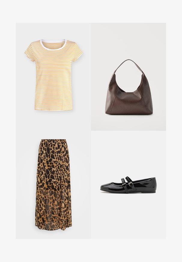 Kortærmet dame T-shirt med hvide og orange vandrette striber og en hvid rund halsudskæring.; Maxi nederdel i leopardmønster i nuancer af brun og sort, lavet af letvægtsstof med et flydende design og elastisk talje.; Sorte lakerede sko med firkantet tå, der har to justerbare spænder over midtfoden og en flad, lav profil sål.; Brun flettet læder skuldertaske med en enkelt bred strop og en slasket, halvmåneformet krop.