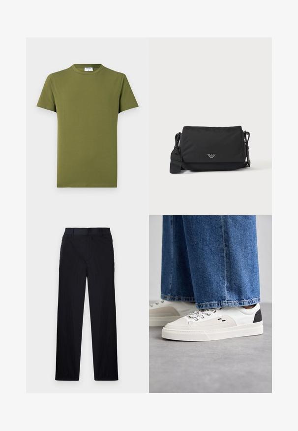 Olijfgroen T-shirt met korte mouwen gemaakt van zachte, gladde stof. Klassieke ronde hals, strakke lijnen, zonder zichtbare patronen of accenten.; Zwarte broek van een lichtgewicht, gestructureerde stof, met een recht model, elastische Tailleband en zijzakken met rits.; Witte en zwarte sneakers met een glad leren bovenwerk, textuuraccenten en een chunky witte zool. Heeft een klassiek vetersluiting ontwerp.; Zwarte crossbodytas met verstelbare band en klein zilverkleurig logo-embleem op de voorflap, afgebeeld op een effen lichte achtergrond.
