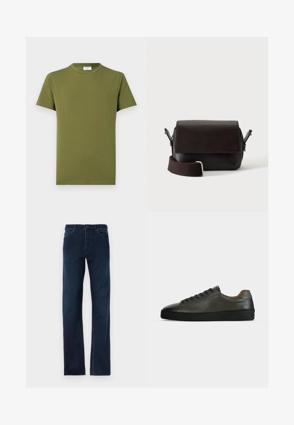 Camiseta de manga corta de color verde oliva, hecha de tela suave y lisa. Cuello redondo clásico, líneas limpias y sin patrones ni detalles visibles.; Jeans de mezclilla azul oscuro con piernas rectas, cinco bolsillos, cierre de botón y costuras en contraste a lo largo de las costuras.; Zapatilla baja de piel gris oscuro con cordones y suela negros, diseño minimalista, perfil lateral sobre un fondo claro y liso.; Bolso bandolera de cuero marrón oscuro con cierre de solapa y correa de tela ajustable sobre fondo blanco.