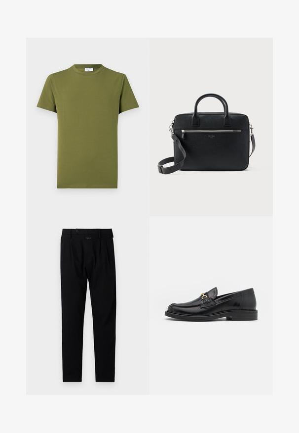 T-shirt manches courtes de couleur vert olive, fabriqué en tissu doux et lisse. Col rond classique, lignes épurées, sans motifs ni accents visibles.; Pantalon noir à coupe ajustée, présentant un devant plat, des plis simples et une fermeture à bouton. Fabriqué en tissu lisse, adapté pour des tenues formelles.; Mocassins en cuir noir avec un embout rond, présentant des accents en métal doré et des détails de couture, montés sur une semelle en caoutchouc texturé et basse.; Serviette rectangulaire en cuir noir texturé avec double poignée, poche avant zippée et bandoulière réglable présentée sur fond blanc.