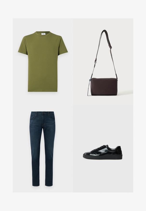 Olijfgroen T-shirt met korte mouwen gemaakt van zachte, gladde stof. Klassieke ronde hals, strakke lijnen, zonder zichtbare patronen of accenten.; Donkerblauwe slim-fit jeans met vijf zakken, sluiting met een knoop aan de voorkant en ritssluiting, tentoongesteld tegen een witte achtergrond.; Zwarte gepatenteerde leren sneakers met een ronde neus, vetersluiting, een gestructureerde rubberen zool en een glanzende afwerking.; Donkerbruine gestructureerde leren crossbodytas met verstelbare riem en klein decoratief blauw accent aan de zijkant.