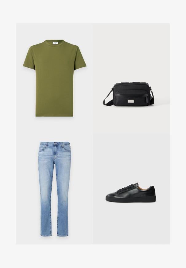 Olijfgroen T-shirt met korte mouwen gemaakt van zachte, gladde stof. Klassieke ronde hals, strakke lijnen, zonder zichtbare patronen of accenten.; Lichtblauwe denim jeans met een recht model, voorzien van een knoopsluiting, vijf zakken en een lichte vervaging in de stof.; Zwarte leren sneaker met een gladde textuur, ronde neus en vetersluiting. Heeft een dikke rubberen zool en minimale merkaanpassing.; Zwarte rechthoekige crossbodytas met voorvak met ritssluiting, verstelbare schouderband en zilveren rechthoekige logo-plaat op effen achtergrond.