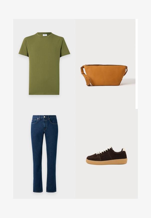 Olijfgroen T-shirt met korte mouwen gemaakt van zachte, gladde stof. Klassieke ronde hals, strakke lijnen, zonder zichtbare patronen of accenten.; Donkerblauwe denim jeans met een slim recht model, klassieke vijf-pocket stijl en een knoopsluiting bij de taille.; Donkerbruine suède sneaker met witte veters, beige hielstuk en lichtbruine rubberen zool, gezien van opzij op een effen achtergrond.; Lichtbruine leren crossbodytas met verstelbare band en ritssluiting, getoond tegen een effen lichte achtergrond.