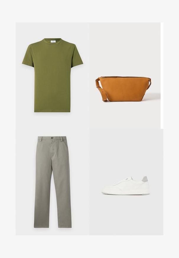 Olijfgroen T-shirt met korte mouwen gemaakt van zachte, gladde stof. Klassieke ronde hals, strakke lijnen, zonder zichtbare patronen of accenten.; Lichtgrijze broek van katoen, met een recht model, riemlussen en een enkele knoopsluiting bij de taille.; Witte lage sneaker met grijze hielpatch, witte veters en een gestructureerde zool, gepresenteerd op een effen lichte achtergrond.; Lichtbruine leren crossbodytas met verstelbare band en ritssluiting, getoond tegen een effen lichte achtergrond.