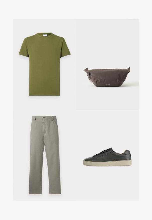 Olivgrünes T-Shirt mit kurzen Ärmeln aus weichem, glattem Stoff. Klassischer Rundhalsausschnitt, klare Linien und keine sichtbaren Muster oder Akzente.; Hellegraue Baumwollhose mit geradem Bein, Gürtelschlaufen und einer einzelnen Knopfverschluss am Bund.; Schwarzer Low-Top-Lederschuh mit schwarzen Schnürsenkeln und cremeweißer Gummisohle, von der Außenseite vor weißem Hintergrund gesehen.; Dunkelbraune Stoff-Gürteltasche mit diagonalem Reißverschlussfach und kleinem weißen Logo vorne, vor einem einfarbigen hellen Hintergrund.