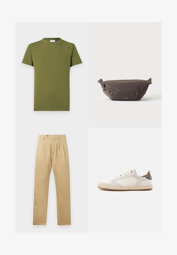 T-shirt manches courtes de couleur vert olive, fabriqué en tissu doux et lisse. Col rond classique, lignes épurées, sans motifs ni accents visibles.; CLOSED BERGEN TAPERED - Chino - beige; Baskets basses blanches avec semelle beige, lacets à l’avant, détail vert et bleu sur le talon, et discret logo doré "Paul Smith" sur le côté.; Sac banane en tissu marron foncé avec poche zippée en diagonale et petit logo blanc sur le devant, sur un fond clair uni.