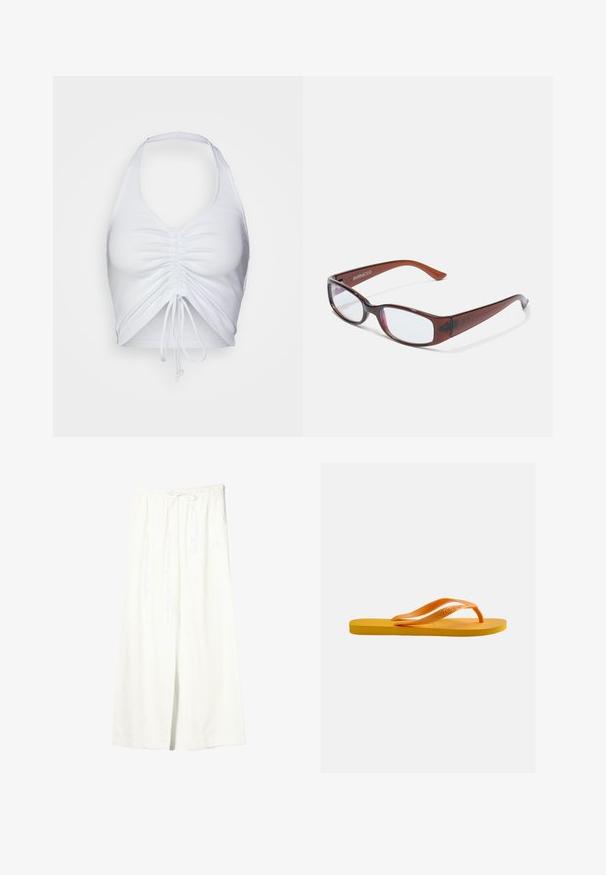 Even&Odd by Zalando Top - white; Hvide vidde linnedbukser med elastisk talje og snøre, der har sidelommer og et frontslids.; Gul klipklapsandal med tekstureret sål og orange gummistropper mod en ensartet lys grå baggrund.; Brune-farvede rektangulære briller med en glat overflade, der har slanke arme og gennemsigtige linser. Logoet er synligt på venstre temple.