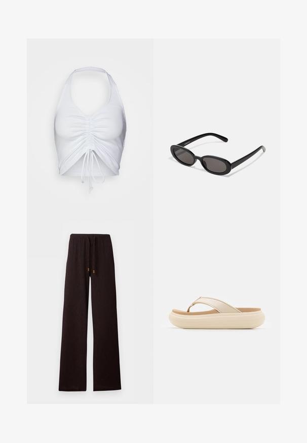 Even&Odd by Zalando Top - white; Mørkebrune bukser med vide ben, elastik i taljen og snor med små træperler, lagt fladt på hvid baggrund.; Beige flip-flop sandal med en bred tåstrop og en tyk, rund sål. Har et glat overmateriale og en kontrasterende brun fodseng.; Even&Odd by Zalando Solbriller - black