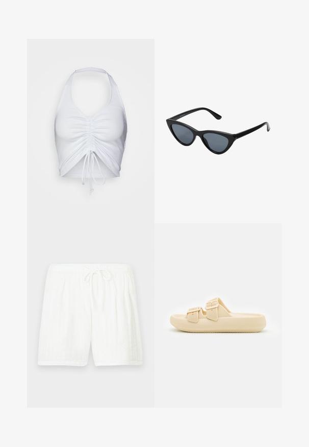 Even&Odd by Zalando Top - white; Hvide bomuldsshorts med elastisk talje og snøre. Har et tekstureret mønster med lodrette striber og sidelommer.; Beige slip-on sandal med tekstureret overdel, justerbare spænder og en tyk, polstret sål. Letvægtsdesign velegnet til afslappet brug.; Sorte katteøje solbriller med mørkegrå linser, slankt plastisk stel, spidse hjørner og lige stænger. Ingen synlig hardware eller dekorationer.