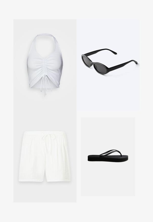Even&Odd by Zalando Top - white; Pantalones cortos blancos de algodón con cintura elástica y cordón. Presentan un patrón texturizado con rayas verticales y bolsillos laterales.; Chancla negra de goma con suela texturizada y correa en forma de Y, mostrada en vista lateral sobre un fondo liso y claro.; Gafas de sol ovaladas negras y elegantes con lentes oscuras y patillas rectas, reposando sobre una superficie blanca.