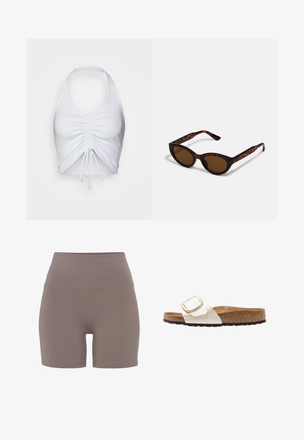 Even&Odd by Zalando Top - white; Pantalones cortos de cintura alta en un color topo suave, confeccionados en una tela elástica y suave. Presentan un diseño sin costuras y una silueta ajustada.; Birkenstock MADRID - Sandalias - graceful pearl white; Gafas de sol de carey marrón con una forma vintage de ojo de gato y lentes marrones. Presentan brazos curvados con acentos rojos.