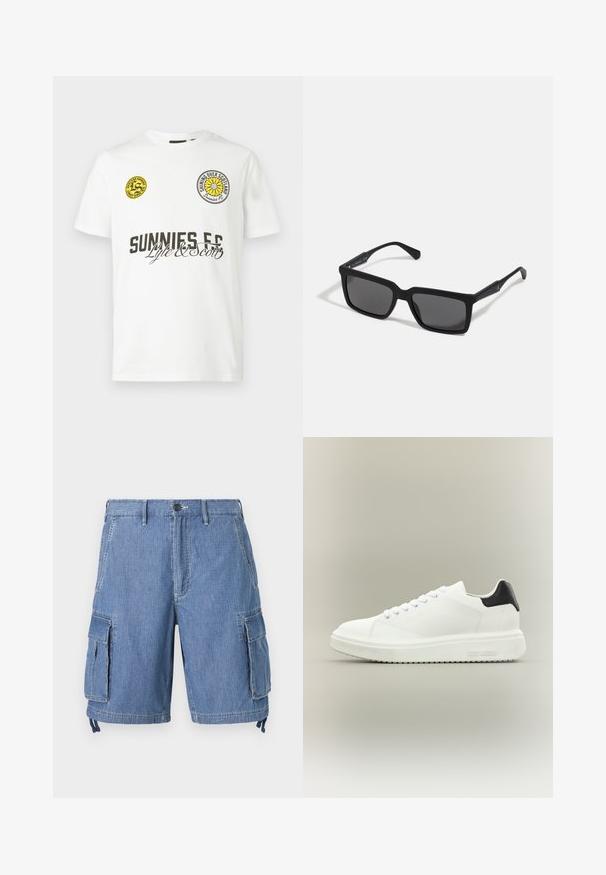 Hvid kortærmet T-shirt med sort tekst "SUNNIES FC", "Lyle & Scott" skrift og to gule cirkulære logoer på brystet.; Blå denim cargo shorts med knaplukning, to forlommer og to store sidelommer med klap. Inkluderer justerbare snore ved kanten.; Hvid lav sneakers med tyk sål, snørelukning foran og sort hælstrop, mærket med "Steve Madden" på siden af sålen.; Sorte solbriller med rektangulære linser, mat finish, tykke stel og slanke arme med en subtil brandingdetalje.