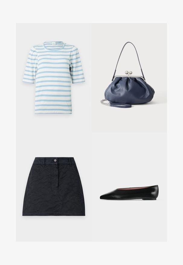 T-shirt rayé en bleu clair et blanc, avec une texture côtelée, des manches courtes à volants et un col rond.; Jupe noire à motif texturé, dotée d'une fermeture à boutons sur le devant, de deux poches et d'une coupe ajustée. Fabriquée en tissu durable.; Chaussure plate en cuir noir pour femme, avec bout pointu et petit talon, vue de côté sur un fond gris clair uni.; Sac à main en cuir bleu marine doux avec fermeture à boucle argentée, une seule bandoulière, et une chaîne de poignet amovible sur fond blanc.