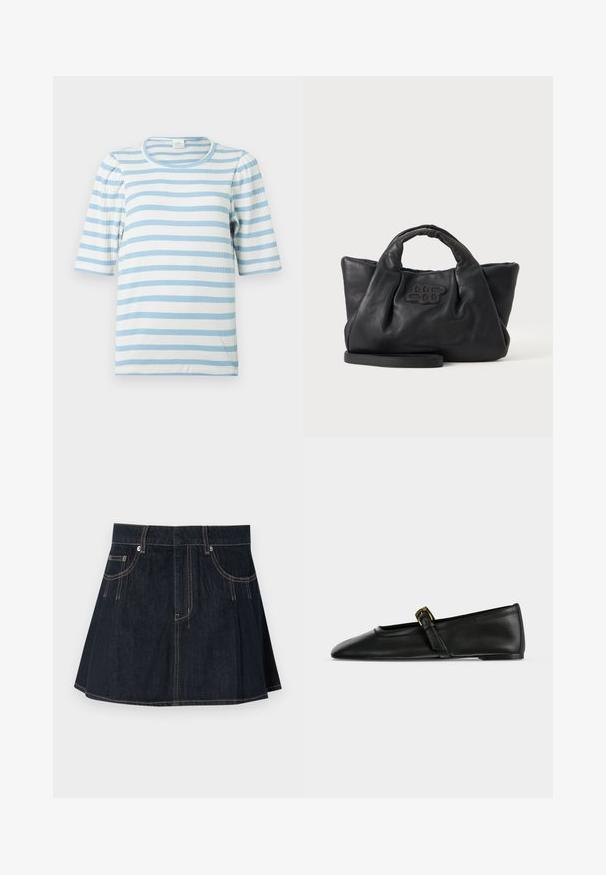 Stripet t-shirt i lyseblå og hvid, med ribbet tekstur, korte puffærmer og rund halsudskæring.; Denimnederdel i mørkeblå, med en flagrende design, bæltestropper, forvægspockets og kontraststing langs sømmene.; Sort Mary Jane flat sko i læder med spids tå og en tynd rem med et lille guldfarvet spænde, vist fra siden på en ensfarvet baggrund.; Sort blødt læderhåndtaske med korte håndtag, en aftagelig rem og et syet logo foran, på en ensfarvet lys baggrund.