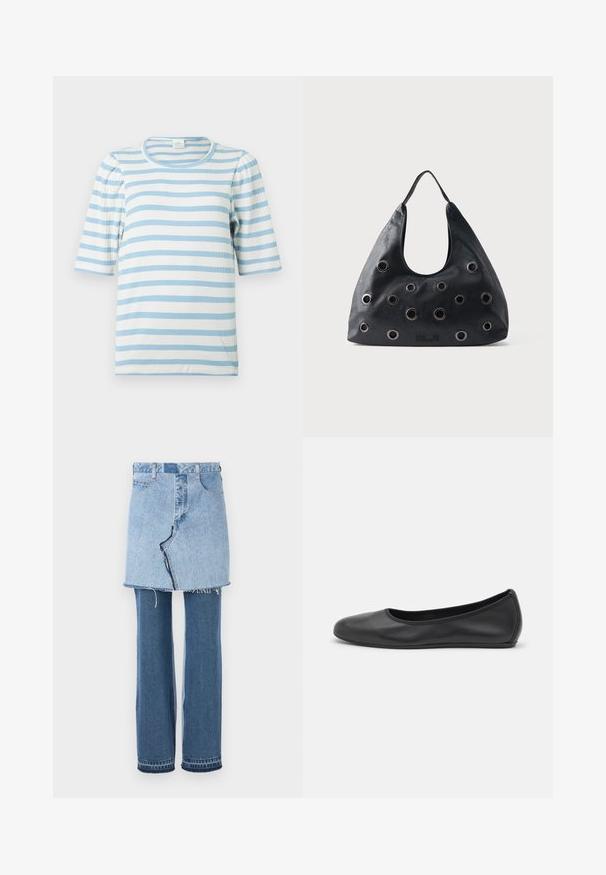 T-shirt rayé en bleu clair et blanc, avec une texture côtelée, des manches courtes à volants et un col rond.; Vêtements en denim combinant une mini-jupe bleu clair en haut et un jean évasé bleu foncé en bas ; présente un ourlet effiloché et une texture denim classique.; Ballerines en cuir noir avec un bout rond, texture lisse, détails de couture minimalistes et design de semelle flexible.; Sac à bandoulière en cuir noir avec de grands œillets métalliques circulaires espacés régulièrement sur le devant et une seule bandoulière.