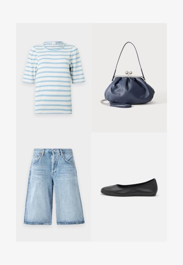 Gestreept T-shirt in lichtblauw en wit, met een geribbelde textuur, korte pofmouwen en een ronde halslijn.; Lichtblauwe denim shorts met een losse pasvorm, featuring een hoge taille, vijf-pocket ontwerp en subtiele vervaging op de stof.; Zwarte leren ballerina met een ronde neus, gladde textuur, minimale stikdetails en een flexibele zoolontwerp.; Zachte navyblauwe leren handtas met zilveren sluiting, enkele schouderband en afneembare ketting polsband op witte achtergrond.