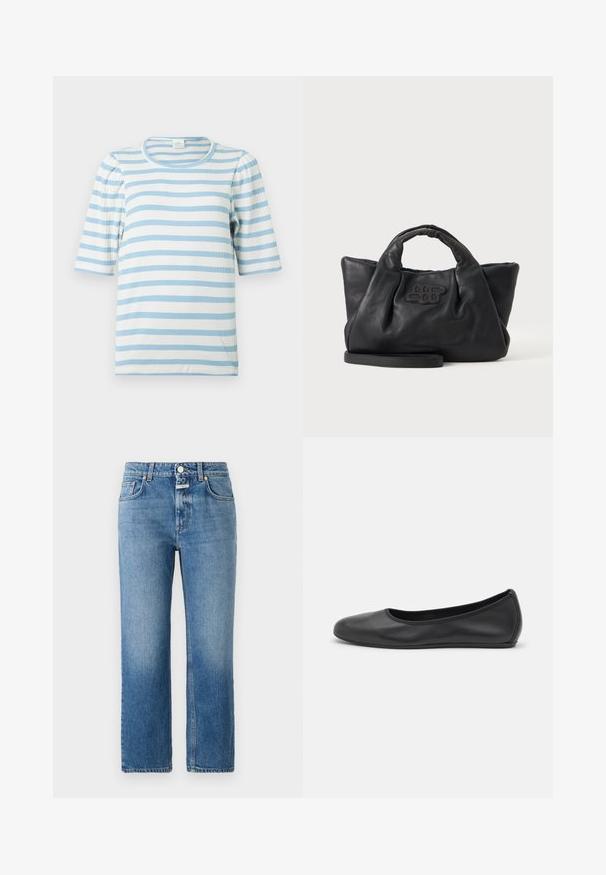Gestreept T-shirt in lichtblauw en wit, met een geribbelde textuur, korte pofmouwen en een ronde halslijn.; CLOSED MILO - Straight leg jeans - mid blue; Zwarte leren ballerina met een ronde neus, gladde textuur, minimale stikdetails en een flexibele zoolontwerp.; Zwarte zachte leren handtas met korte handvatten, een afneembare riem en een gestikt logo aan de voorkant, op een effen lichte achtergrond.