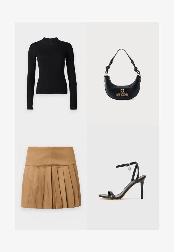 Top noir à manches longues avec une coupe ajustée, en tissu texturé, et un col montant. Dispose d'une fermeture éclair dissimulée dans le dos.; Jupe plissée beige en tissu lisse légèrement brillant. Dotée d'une taille haute et de plusieurs plis verticaux le long de l'ourlet.; Sandale à talon haut noire avec une bride étroite à la cheville, bout carré, cuir lisse et accent de boucle métallique.; Sac à main noir demi-lune avec poignée nouée et plaque logo dorée "Love Moschino" sur le devant, fermeture éclair en haut.