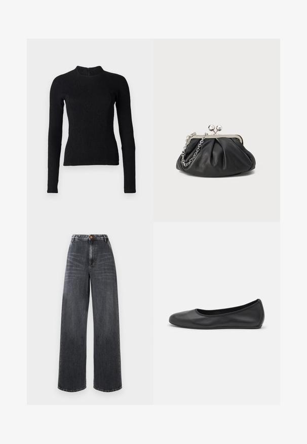 Svart langermet topp med en tettsittende design, teksturert stoff og høy halslinning. Har en skjult glidelås bak for lukking.; Høytlivte vidde jeans i mørk grå denim med falmet detaljering, med frontlås og tradisjonell fem-pocket design.; Svart skinnballettflatt med rund tå, glatt tekstur, minimal sømdetalj, og et fleksibelt såledesign.; Svart lær clutch med samlet tekstur, sølvfarget metallramme, smekklås og kjedehank. Glatt, myk overflate.