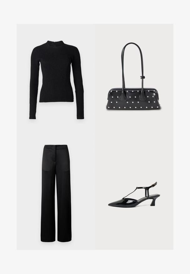 Top noir à manches longues avec une coupe ajustée, en tissu texturé, et un col montant. Dispose d'une fermeture éclair dissimulée dans le dos.; Pantalons noirs à jambes larges avec une surface texturée, dotés d'une taille plate et de deux poches latérales. Le tissu semble léger et fluide.; Chaussure slingback en cuir verni noir à bout pointu avec bride en T et petit talon bloc incliné sur fond blanc.; Sac à main rectangulaire noir avec de longues doubles poignées et des clous ronds en argent régulièrement espacés sur sa surface.