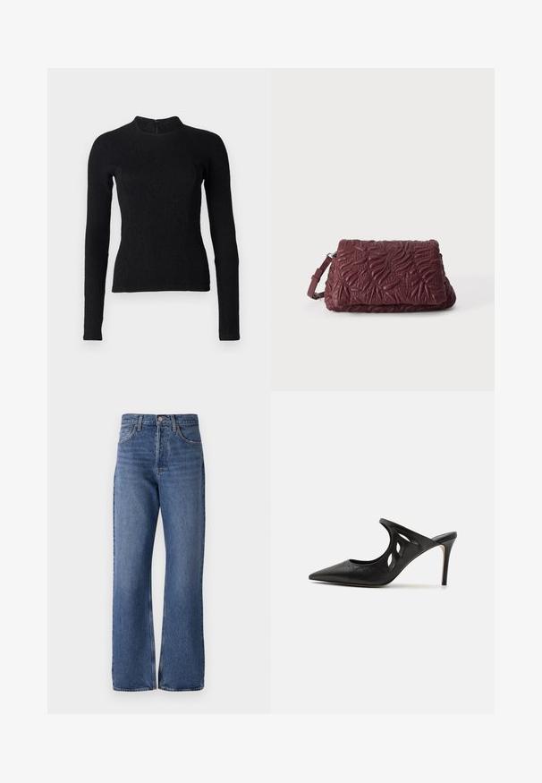 Sort langærmet top med en tætsiddende pasform, tekstureret stof og høj halsudskæring. Har en skjult lynlås på ryggen til lukning.; Blå denim jeans med høj talje, bred ben silhuet, klassisk fem-lomme design og subtilt falmende effekt i hele stoffet.; Sorte læder højhælede mules med spids tå, udskåret sideskærm og glat tekstur. Stiletthæl og subtil syning.; Mørkerød textured læder clutch taske med præget blad mønstre og en justerbar håndledsrem på en ensfarvet lys baggrund.