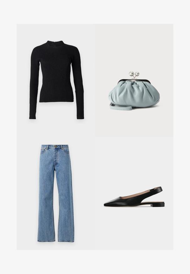 Zwarte lange mouwen top met een strakke pasvorm, textuurstof en een hoge halslijn. Voorzien van een verborgen rits aan de achterkant voor sluiting.; Lichtblauwe hoge taille straight-leg jeans met een voorknoop, rits en vijf-pocket ontwerp op een effen witte achtergrond.; Zwarte leren slingback platte schoen met spitse neus en lage vierkante hak op een witte achtergrond.; Kleine lichtblauwe leren muntenportemonnee met zilverkleurige metalen kiss-lock sluiting en kort polsbandje op een effen achtergrond.