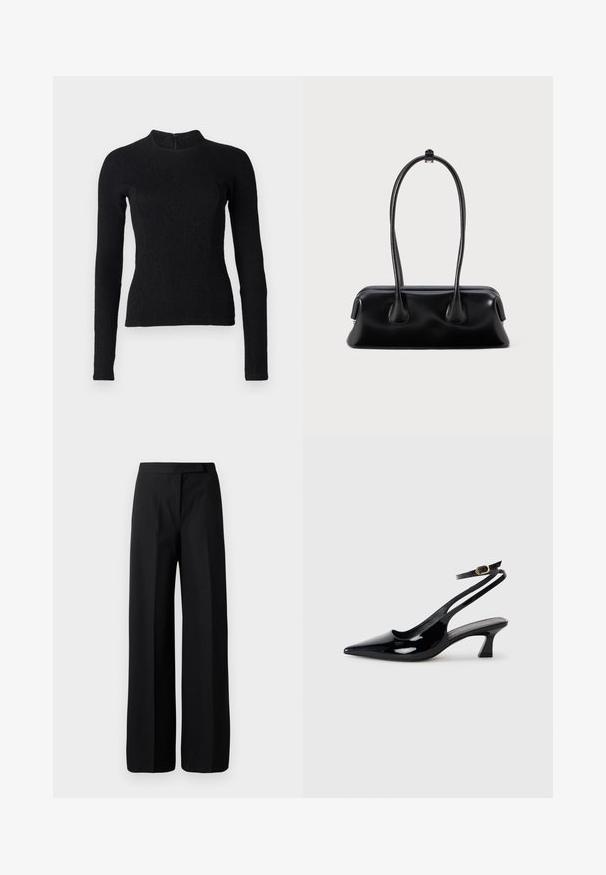 Top noir à manches longues avec une coupe ajustée, en tissu texturé, et un col montant. Dispose d'une fermeture éclair dissimulée dans le dos.; Pantalons noirs à jambe large avec une texture lisse et mate. Ceinture plate sans matériel ni motifs visibles. Design simple et élégant.; Escarpins à brides arrière en cuir verni noir, à bout pointu, avec un petit talon carré et une sangle de cheville ajustable dotée d'une boucle dorée.; Sac à main en cuir noir avec deux poignées allongées, une texture lisse et une base arrondie, ornée d'accents décoratifs sur les côtés.