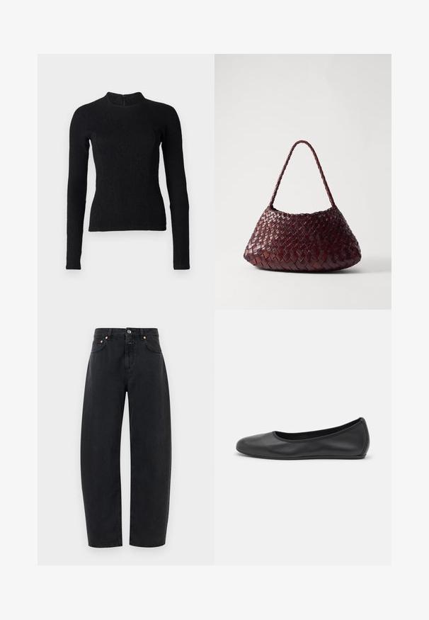 Svart langermet topp med en tettsittende design, teksturert stoff og høy halslinning. Har en skjult glidelås bak for lukking.; Sorte denim jeans med rett benpassform, fem lommer og kobberdetaljer. Stoffet har en glatt tekstur og klassisk søm.; Svart skinnballettflatt med rund tå, glatt tekstur, minimal sømdetalj, og et fleksibelt såledesign.; DRAGON DIFFUSION ROSANNA - Håndveske - bruciato