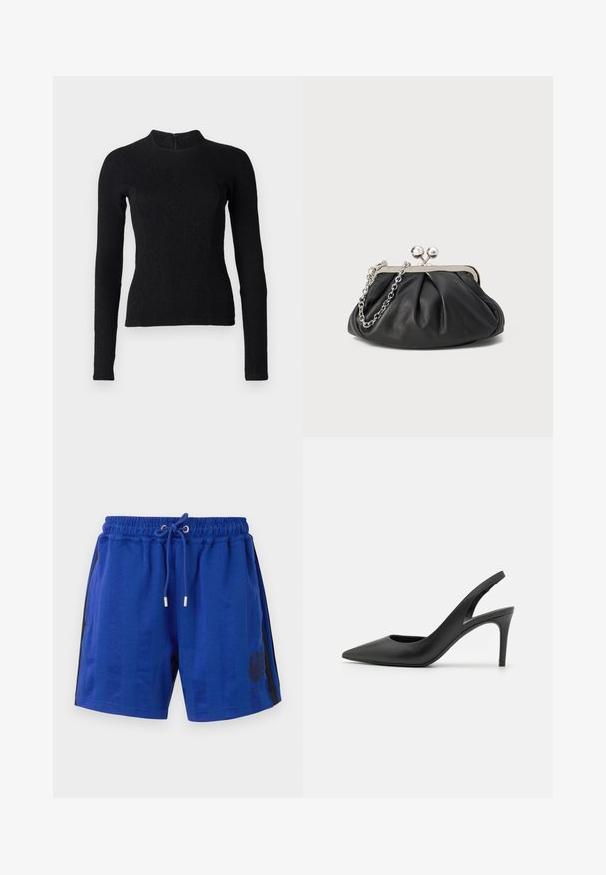 Top noir à manches longues avec une coupe ajustée, en tissu texturé, et un col montant. Dispose d'une fermeture éclair dissimulée dans le dos.; Shorts de sport bleus avec une taille élastique, cordon de serrage, rayures noires sur les côtés et un motif floral. Texture de tissu lisse.; Escarpins à talon aiguille en cuir noir, avec un design à bout pointu, présentant une découpure à l'avant et un talon fin.; Porte-monnaie en cuir noir avec texture froncée, cadre en métal argenté, fermeture à verrouillage kiss-lock et bandoulière en chaîne. Surface lisse et douce.