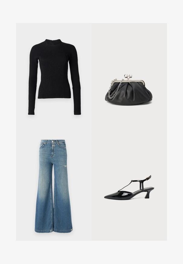 Sort langærmet top med en tætsiddende pasform, tekstureret stof og høj halsudskæring. Har en skjult lynlås på ryggen til lukning.; CLOSED GLOW UP - Wide leg - mid blue; Sort laklæder spids tå slingback sko med T-rem og lav skrå blokhæl på hvid baggrund.; Sort læder clutch med samlet tekstur, sølvfarvet metalramme, kys-lås lukning og kædestrop. Glat, blød overflade.