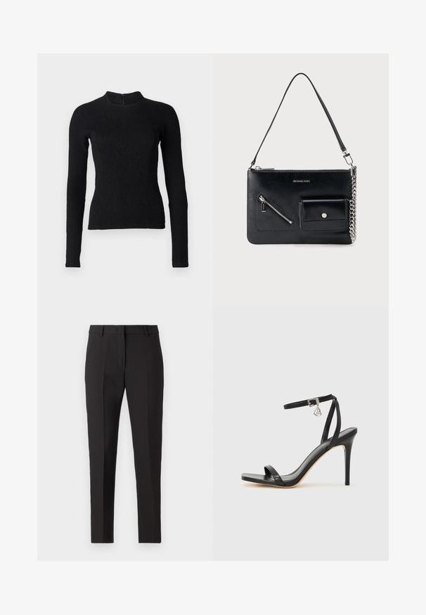Top noir à manches longues avec une coupe ajustée, en tissu texturé, et un col montant. Dispose d'une fermeture éclair dissimulée dans le dos.; Pantalon noir ajusté avec une coupe droite, doté d'un devant plat, de passants de ceinture et sans motifs ni embellissements visibles.; Sandale à talon haut noire avec une bride étroite à la cheville, bout carré, cuir lisse et accent de boucle métallique.; Sac à bandoulière en cuir noir Michael Kors avec fermeture éclair supérieure, poche avant zippée en diagonale, poche à rabat avec bouton-pression et détail en chaîne argentée.