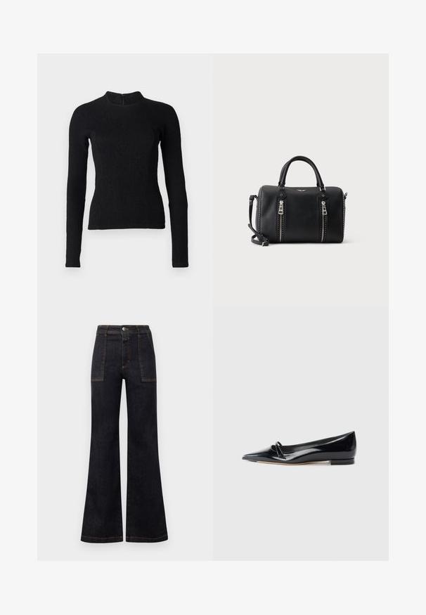 Sort langærmet top med en tætsiddende pasform, tekstureret stof og høj halsudskæring. Har en skjult lynlås på ryggen til lukning.; Bredde mørk denim jeans med høj talje, der har orange syninger og to forlommer. Glat tekstur, ren finish, klassisk design.; Sorte patentlæder flade sko med spids tå, lille dekorativ rem og lav blokhæl. Glat tekstur og strømlinet design.; Sort lædertaske med dobbelte håndtag, aftagelig skulderrem, to lodrette sølvlynlåse foran og små sølvnitter langs kanterne.