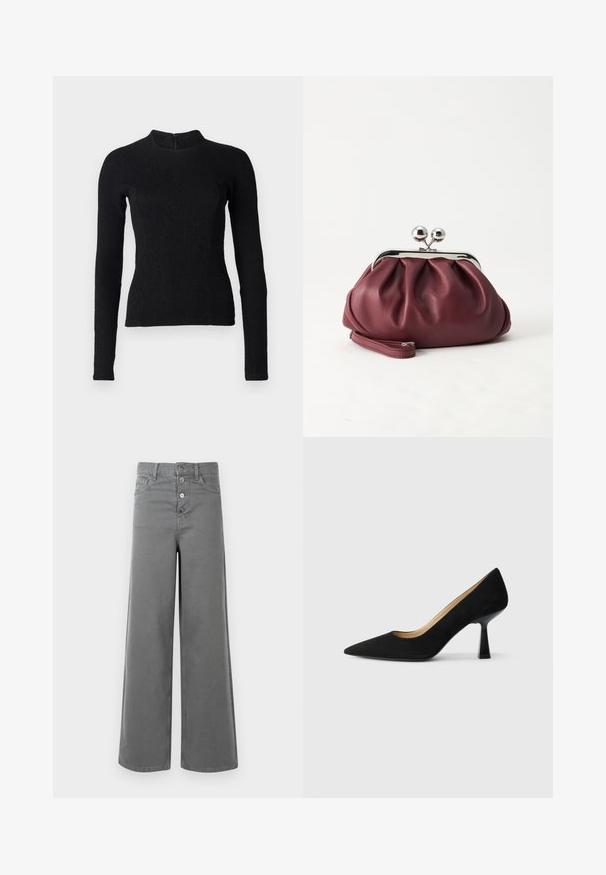 Top noir à manches longues avec une coupe ajustée, en tissu texturé, et un col montant. Dispose d'une fermeture éclair dissimulée dans le dos.; Pantalons larges gris à taille haute, avec quatre boutons sur le devant, passants de ceinture et poches avant, présentés sur un fond blanc.; Pompe à talons hauts en suède noir avec un bout pointu, dotée d'un talon bloc noir brillant et d'une doublure intérieure lisse.; Petit sac pochette en cuir bordeaux avec fermoir métallique argenté et bracelet sur fond blanc.