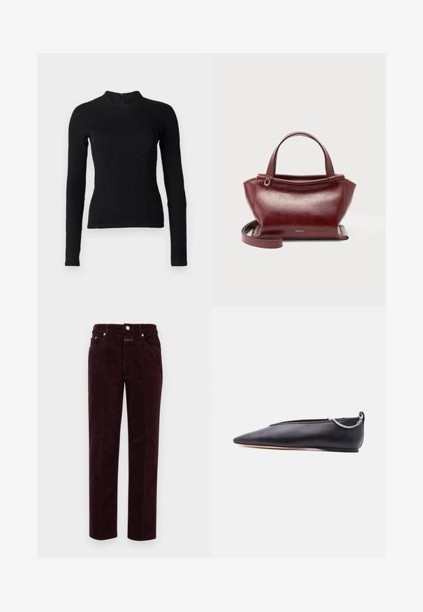 Top noir à manches longues avec une coupe ajustée, en tissu texturé, et un col montant. Dispose d'une fermeture éclair dissimulée dans le dos.; Pantalons en velours côtelé bordeaux à coupe droite, avec poches avant et quincaillerie en métal argenté. Le tissu présente une texture côtelée.; Chaussure plate noire en cuir pointue avec un petit talon et un détail de chaîne argentée à l'arrière sur un fond uni.; Sac à main en cuir rouge foncé avec doubles poignées supérieures, bandoulière amovible, ferrures dorées et nom de la marque Wandler au centre avant.