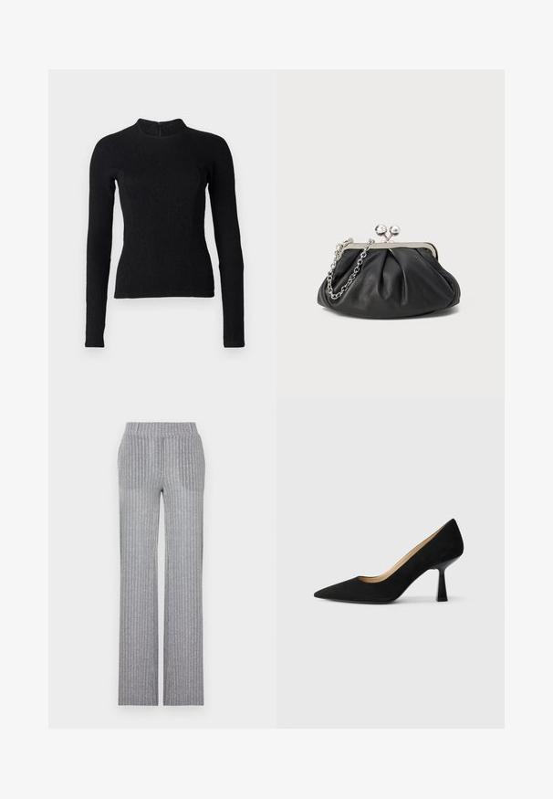 Top negro de manga larga con un diseño ajustado, tejido texturizado y un cuello alto. Cuenta con una cremallera oculta en la parte de atrás para el cierre.; Pantalones de punto gris con textura acanalada, cintura ajustada y pierna acampanada. Presentan un brillo sutil y rayas verticales para dar textura.; Zapato de tacón alto de ante negro con punta afilada, que cuenta con un tacón de bloque negro brillante y un forro interior suave.; Clutch de cuero negro con textura arrugada, marco de metal en tono plateado, cierre de beso y cadena para colgar. Superficie suave y lisa.