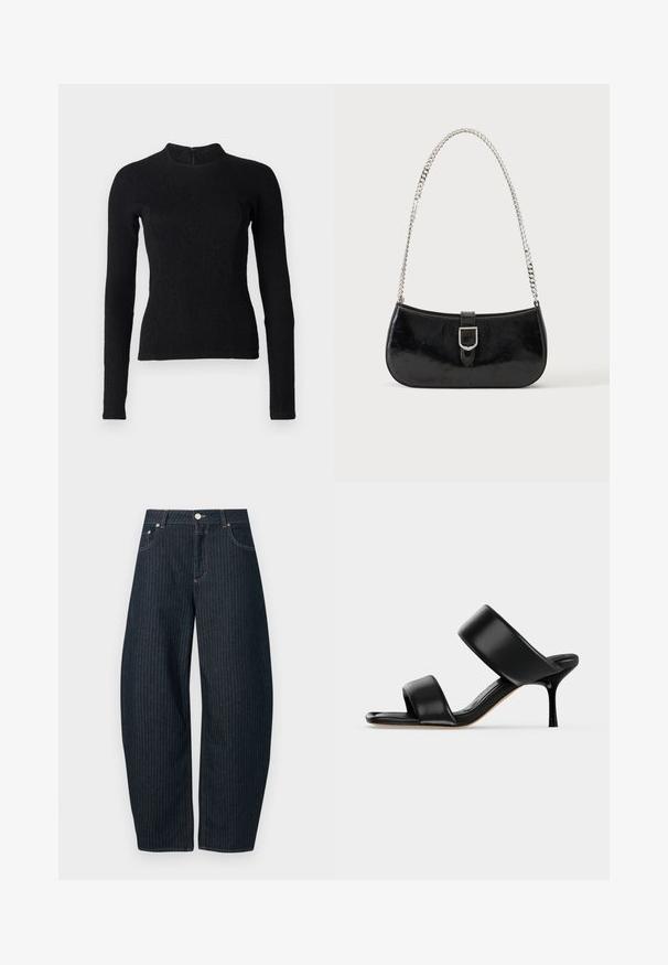 Zwarte lange mouwen top met een strakke pasvorm, textuurstof en een hoge halslijn. Voorzien van een verborgen rits aan de achterkant voor sluiting.; CLOSED JAZZIE - Relaxed fit jeans - dark blue; Zwarte leren mule sandaal met twee brede banden en een slanke, middelhoog stilettohak op een effen lichte achtergrond.; Zwarte lakleren schoudertas met een zilveren gespdetail en een zilveren kettingriem, getoond tegen een effen lichte achtergrond.