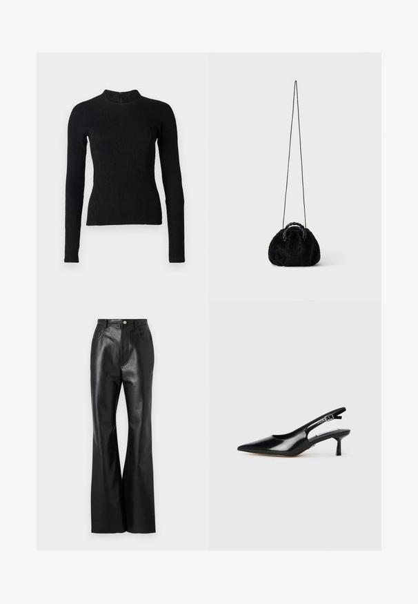 Top noir à manches longues avec une coupe ajustée, en tissu texturé, et un col montant. Dispose d'une fermeture éclair dissimulée dans le dos.; Pantalons évasés en cuir noir avec une finition soignée, poches avant et couture contrastante. Comprend une fermeture à bouton et une taille structurée.; Escarpins à talons slingback en cuir verni noir avec un bout pointu, un talon fin et une sangle réglable. Texture lisse avec un détail minimal.; Petit sac à main noir en fausse fourrure avec poignées tressées sur le dessus et longue bandoulière fine sur fond uni.